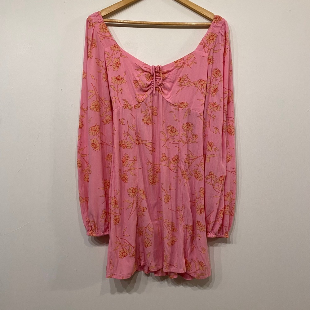 Billabong Pink Orange Floral Long Sleeve Boho Mini Dress Smocked Back Small